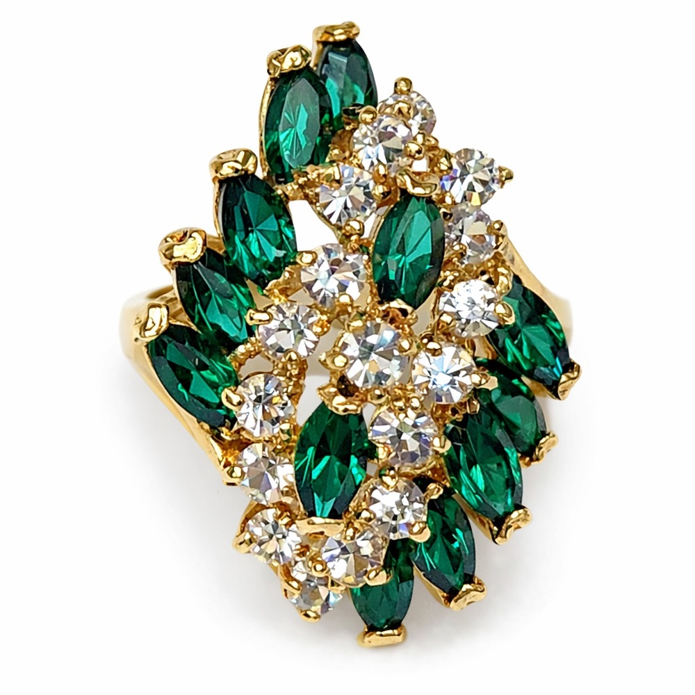 Vintage 18k Gold Electroplate Green And White Cubic Zirconia Ring 6